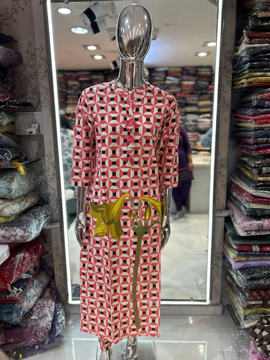 Jaipuri Cotton Coordset With Hexagonal Prints in Figure Prints Neon Pink Color
