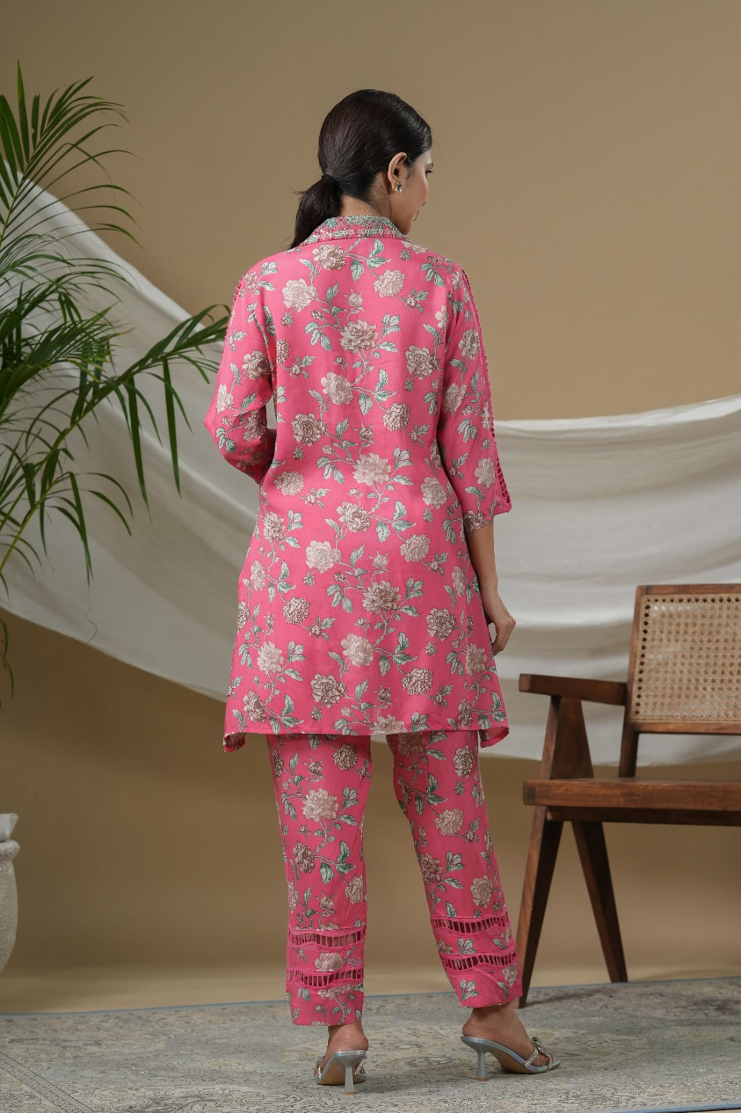 Pure Muslin Floral Print A line Cordset Pink Color