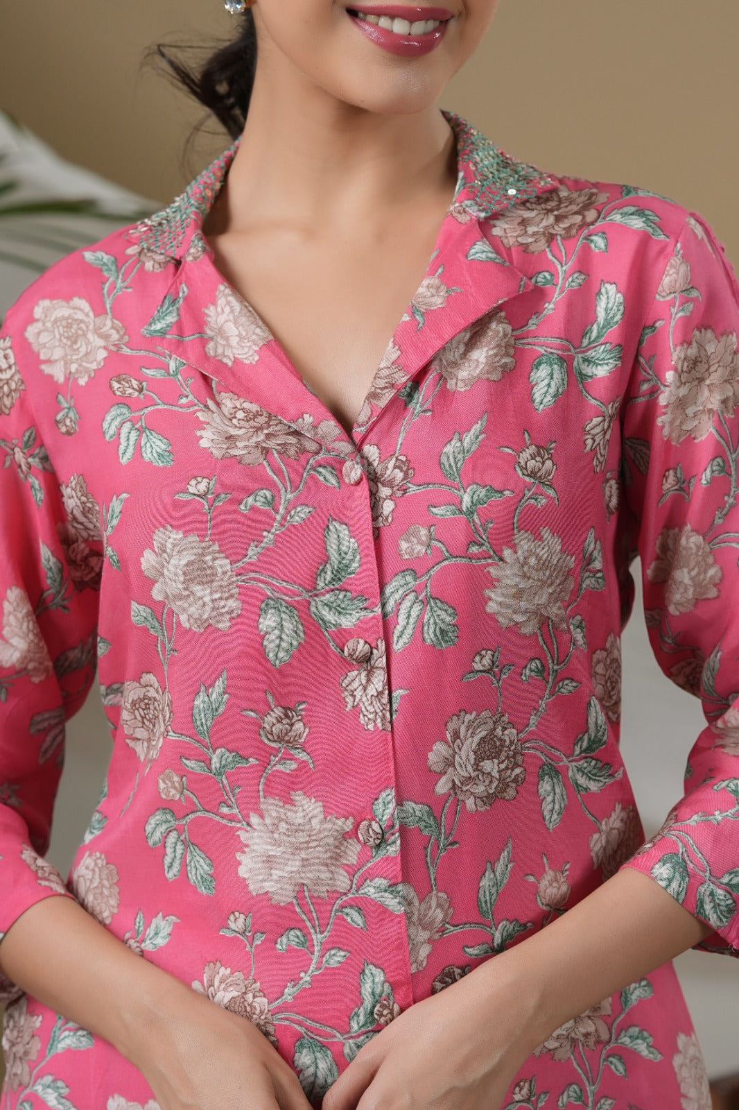 Pure Muslin Floral Print A line Cordset Pink Color