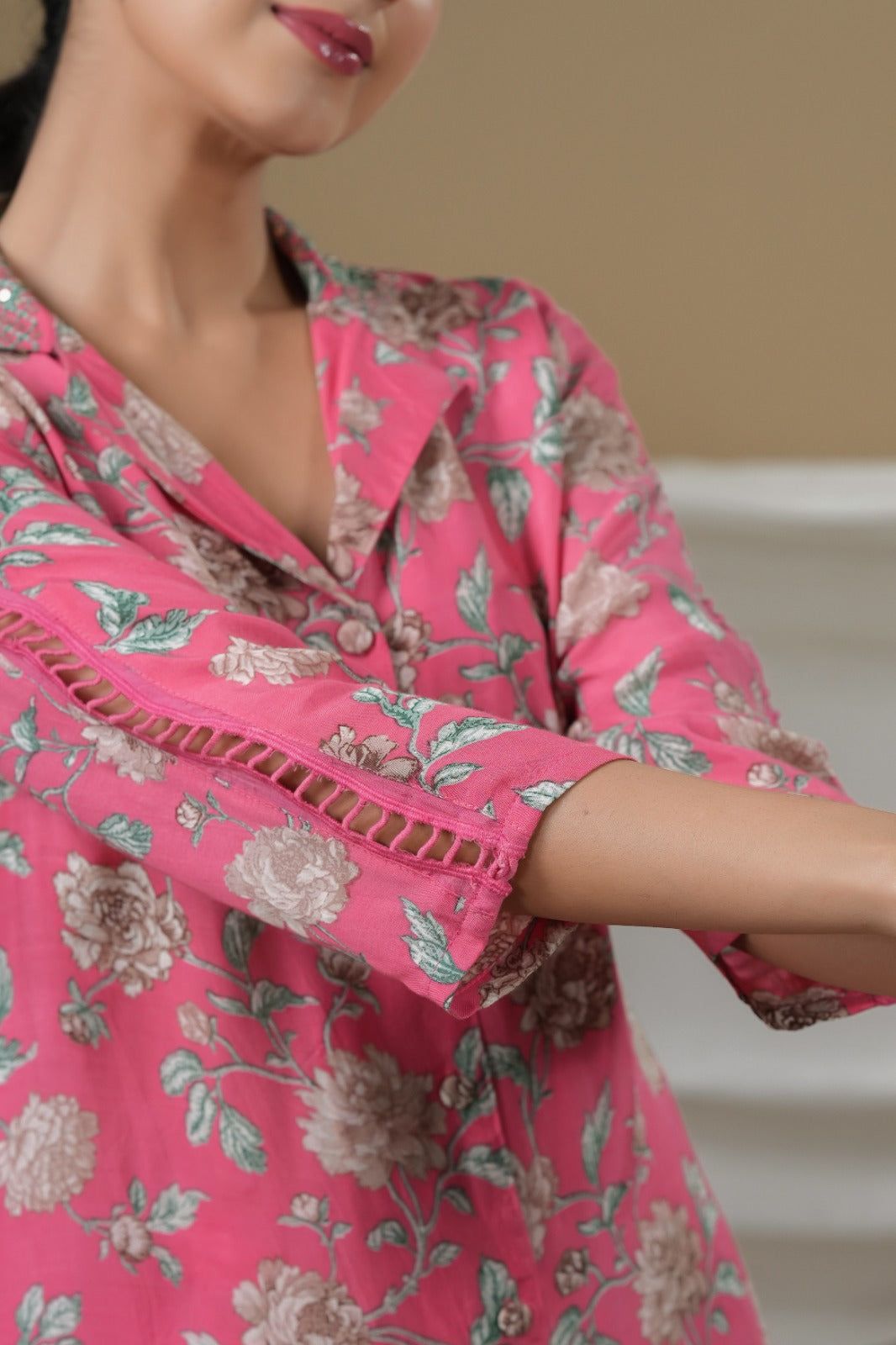 Pure Muslin Floral Print A line Cordset Pink Color