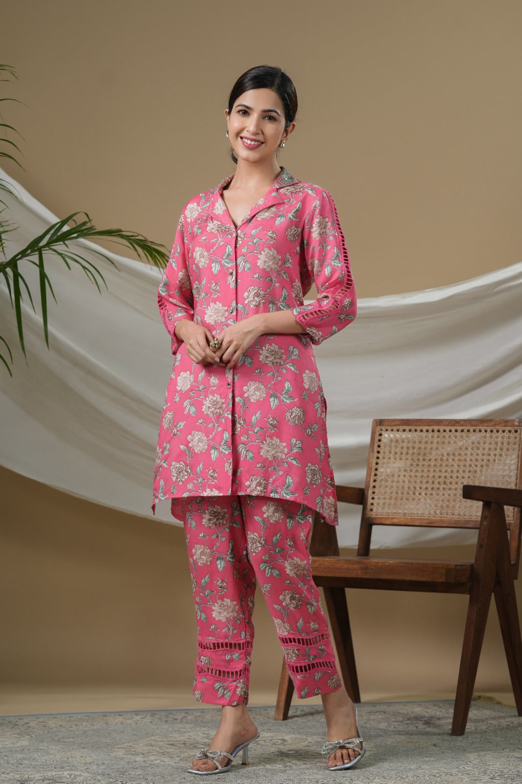 Pure Muslin Floral Print A line Cordset Pink Color