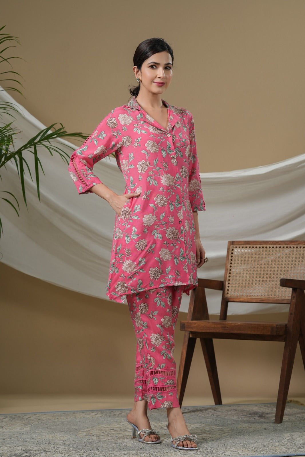 Pure Muslin Floral Print A line Cordset Pink Color