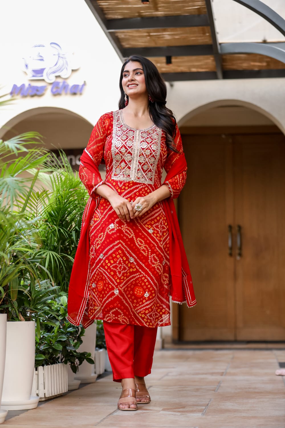 Pure Georgette Bandhej Print Gota patti Work 3pc Set Red Color