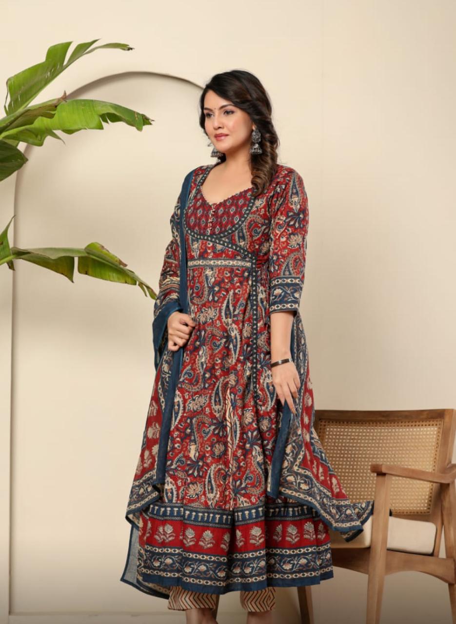 Pure Jaipuri Cotton Kalamkaari Print Cutdana Handwork 3Pc Set Blue Color