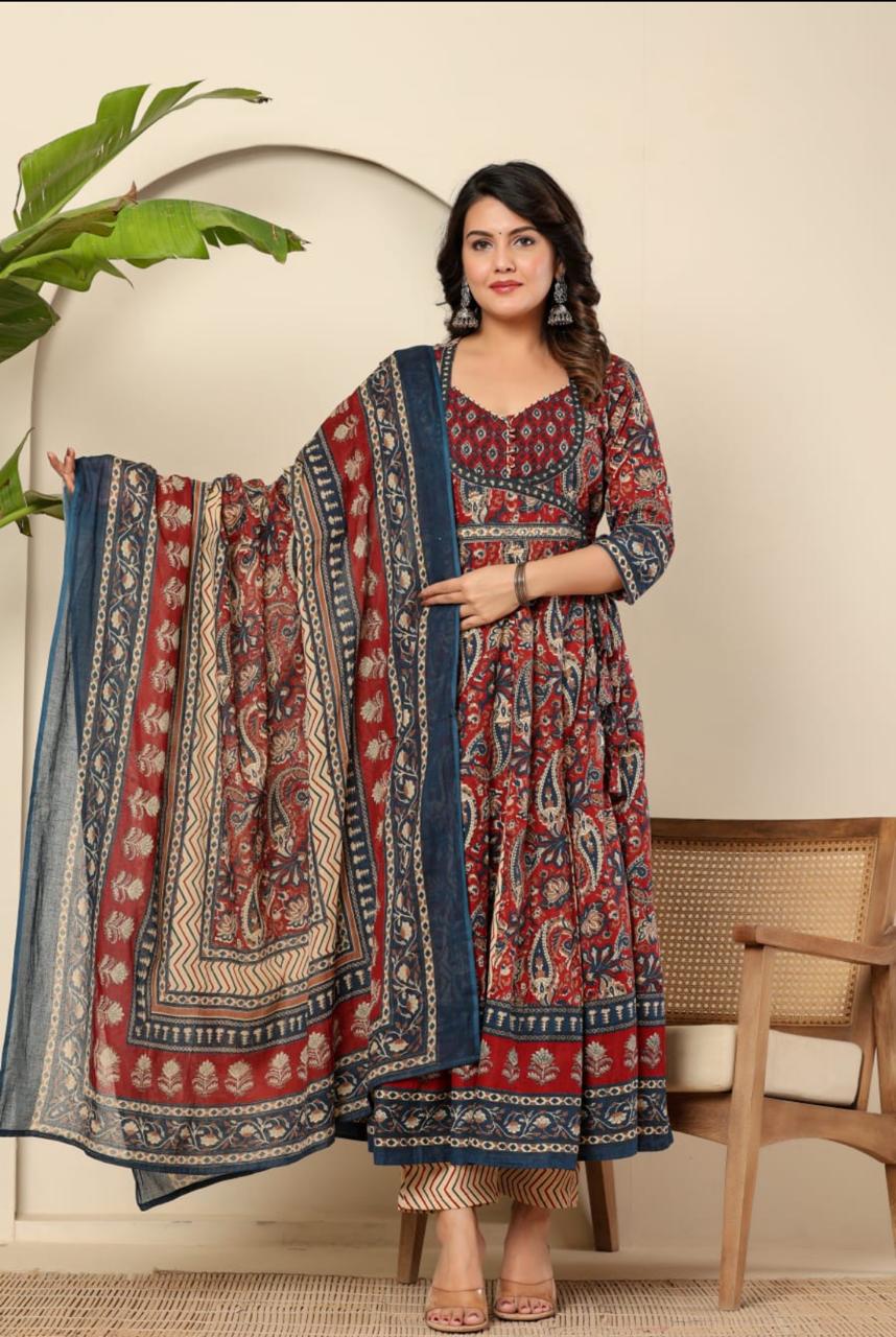 Pure Jaipuri Cotton Kalamkaari Print Cutdana Handwork 3Pc Set Blue Color