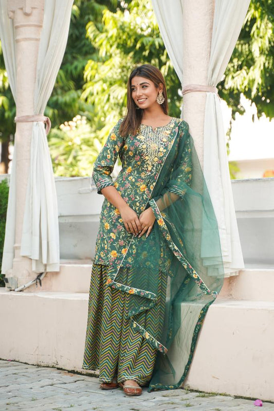 Pure Muslin Floral Print 3pc Set Green Color
