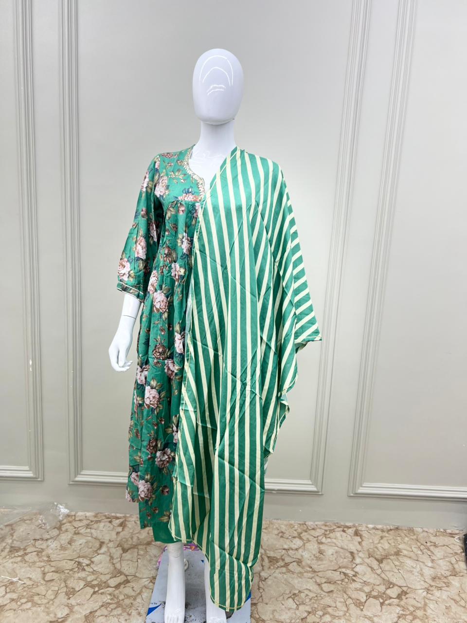 Pure Muslin Floral print 3pc Set Green Color