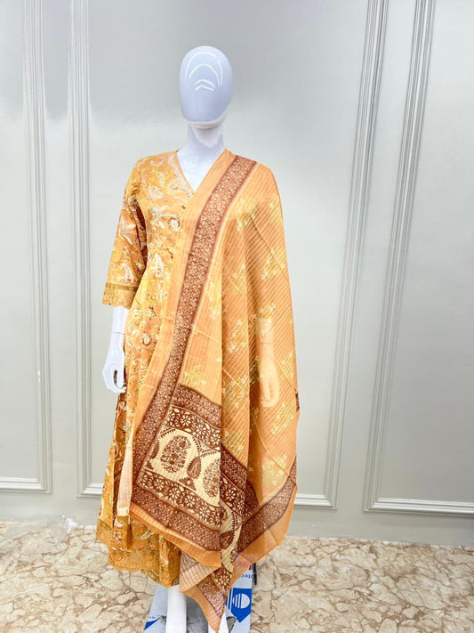 Pure Jaipuri Cotton Pearl Hand Work Floral Print 3pc Set Yellow Color