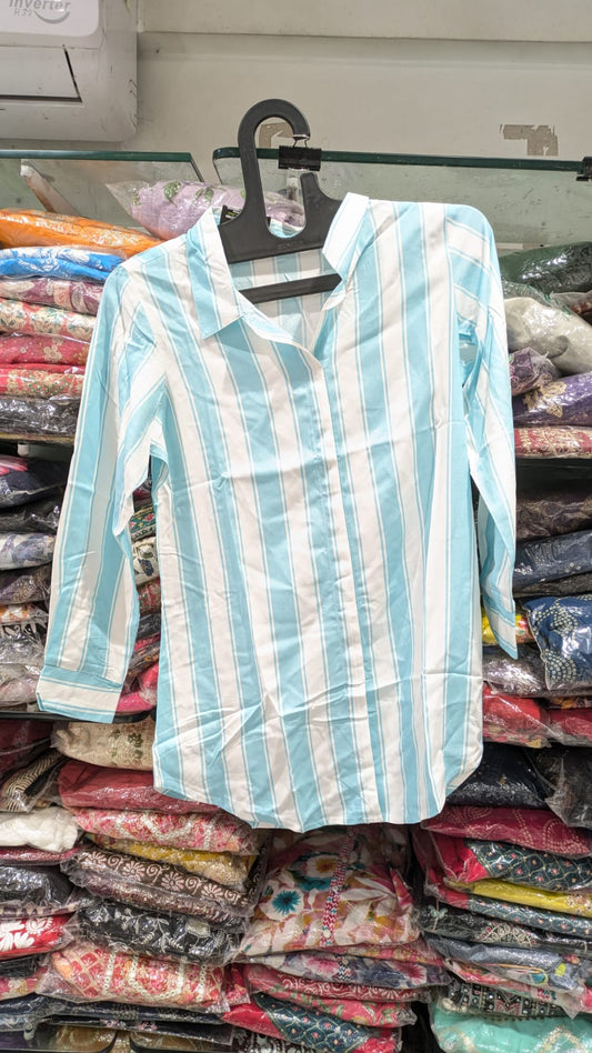 Stripes Pure Linen Shirt With firozi and white Line