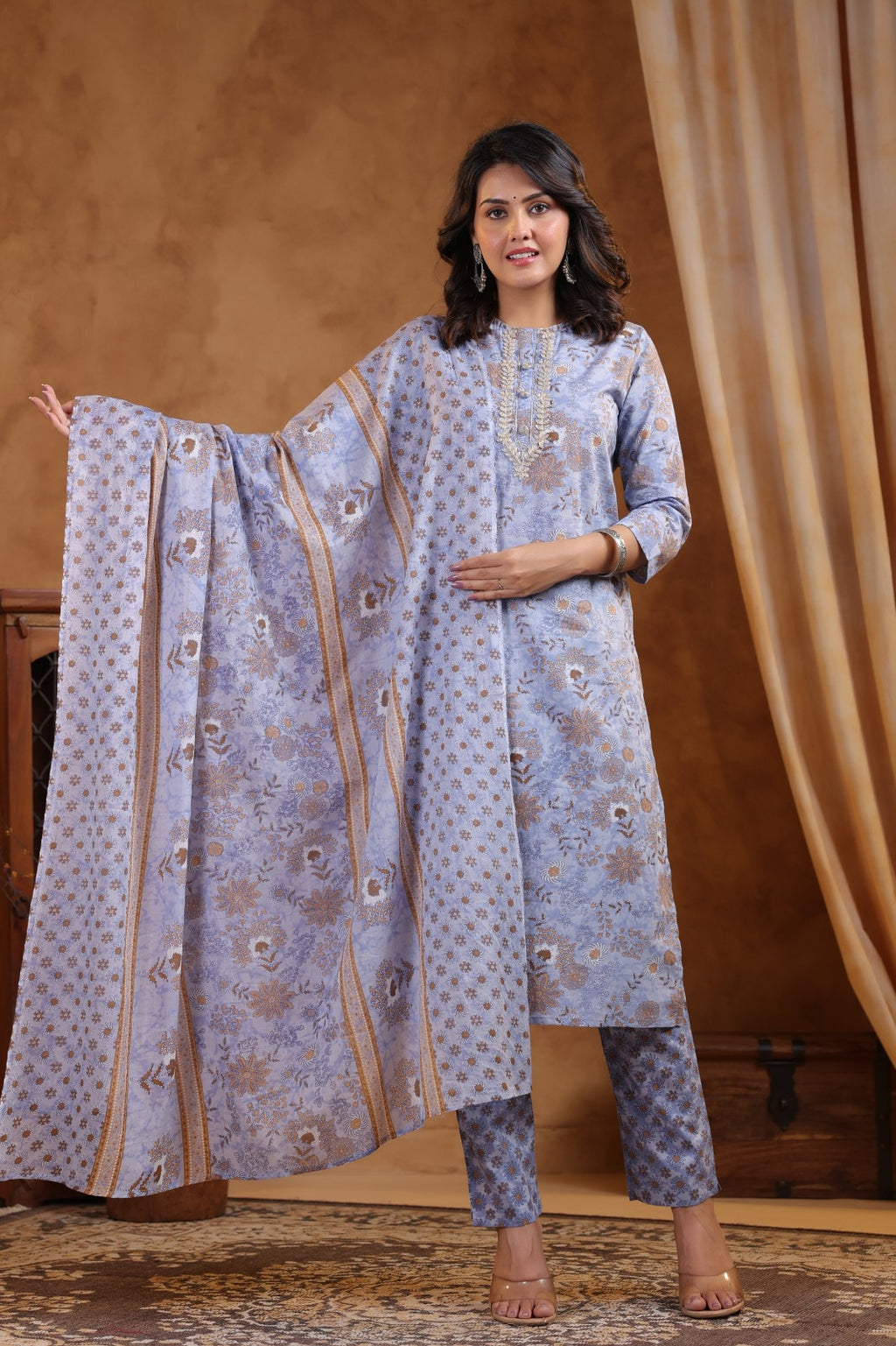 Pure Jaipuri Cotton Floral Print 3pc Set Light Blue Color