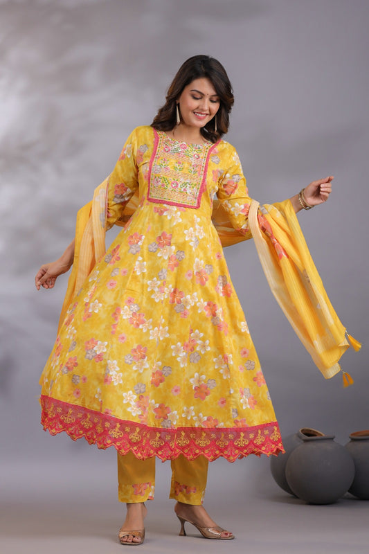Pure Cotton Thread Work Floral Print 3pc Set Yellow Color