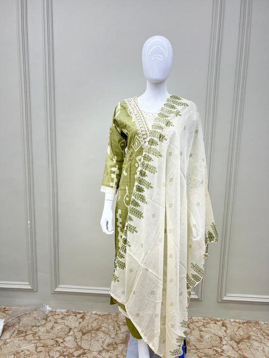 Designer Pure Mull Cotton 3 Pc Suit With Schiffli Work- Mehandi Green colour