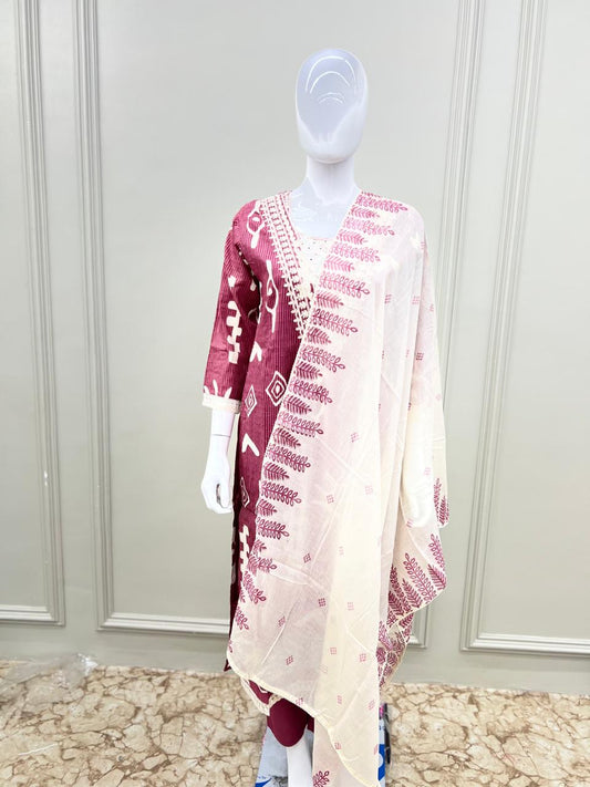 Designer Pure Mull Cotton 3 Pc Suit With Schiffli Work- Onion Pink colour