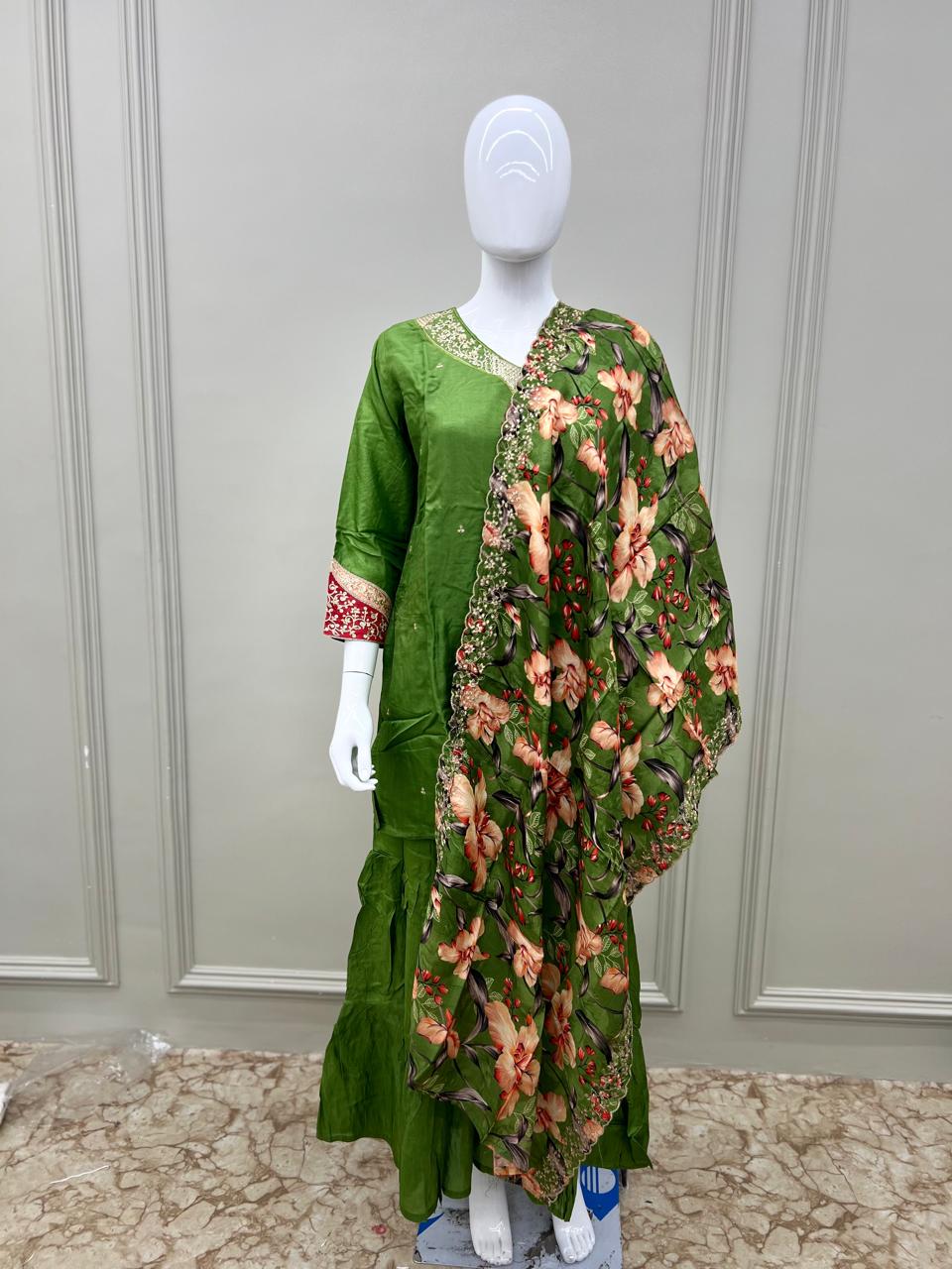 Pure Russian Silk Jari Sequence Work 3pc Set Green Color