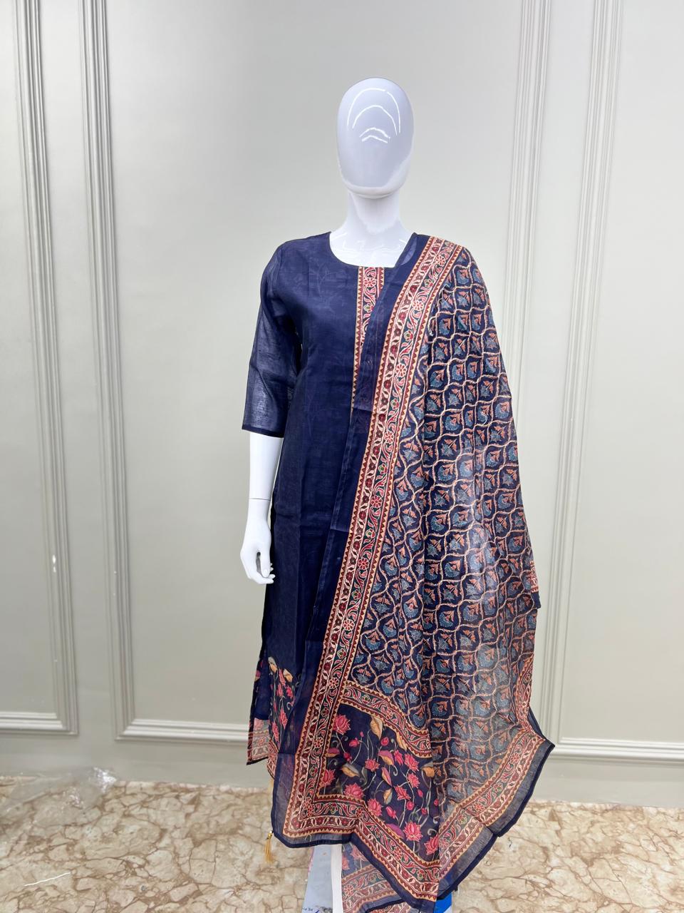Pure Katha Fabric 3pc Suit Detailing Work Blue Color