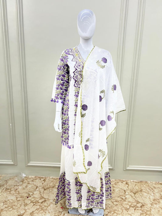 Pure Cotton Floral print 3pc Set White and Purple Color