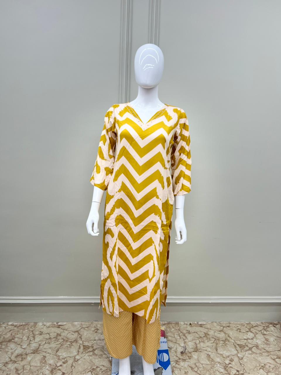 Pure Muslin Laheriya Print Cordset Yellow Color