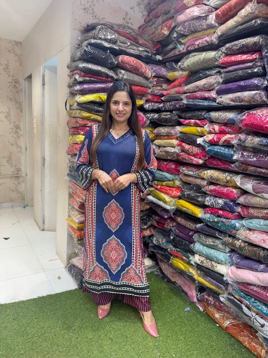 Pure Germon Rayon Ajrak Print 2pc Cordset Blue Color