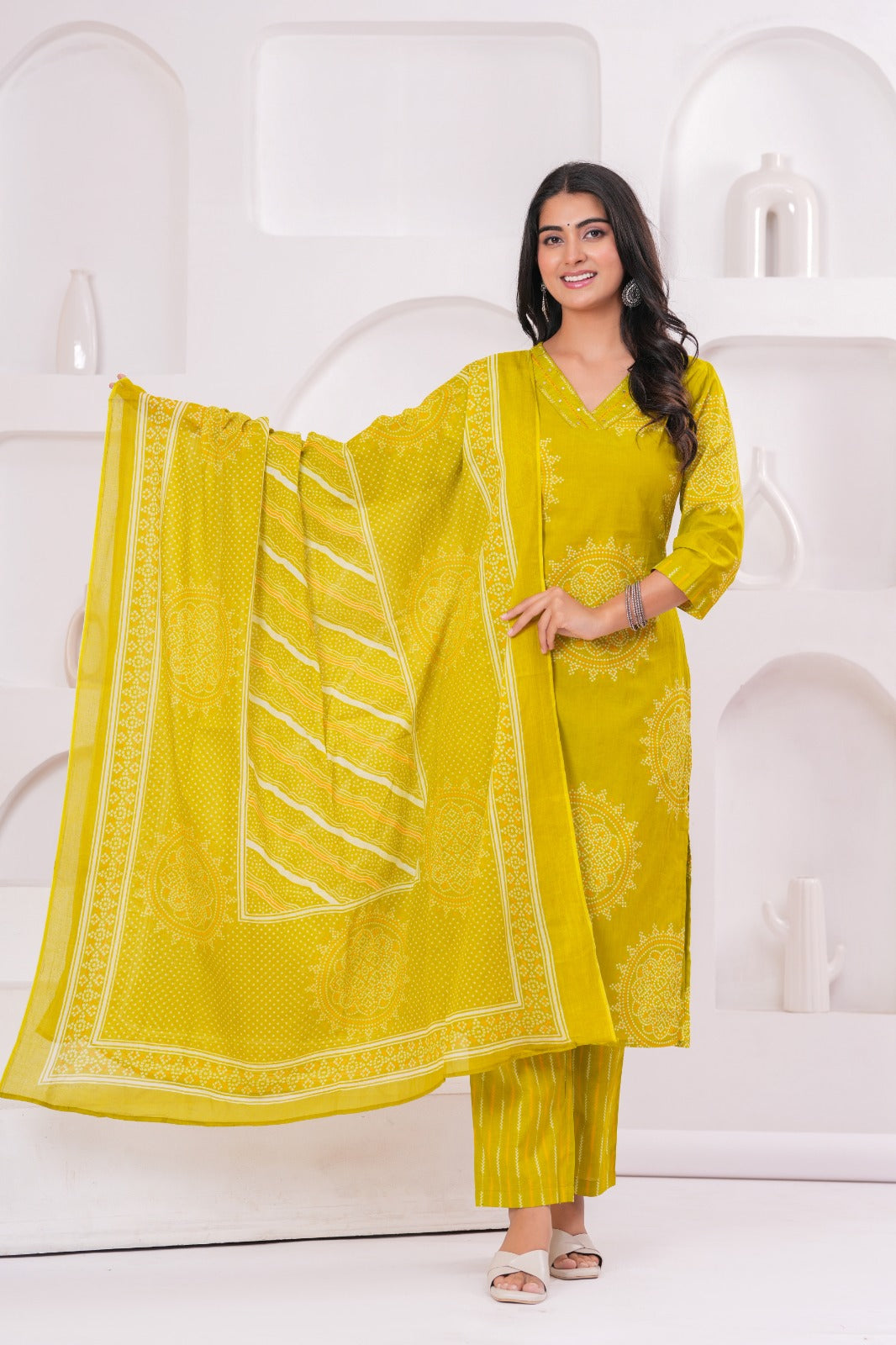 Pure Linen Cotton Bandhej Print 3pc Set Green Color