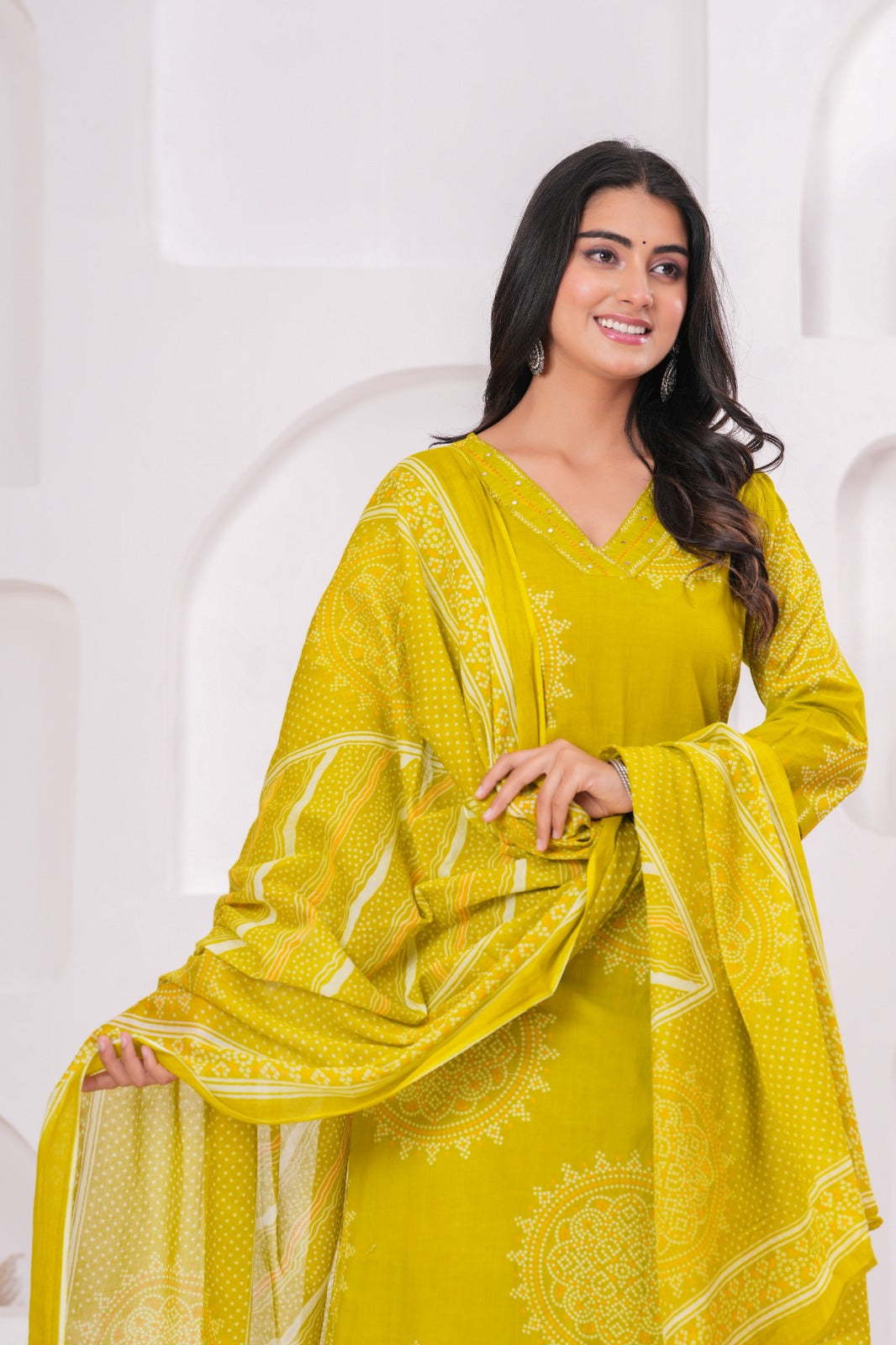 Pure Linen Cotton Bandhej Print 3pc Set Green Color