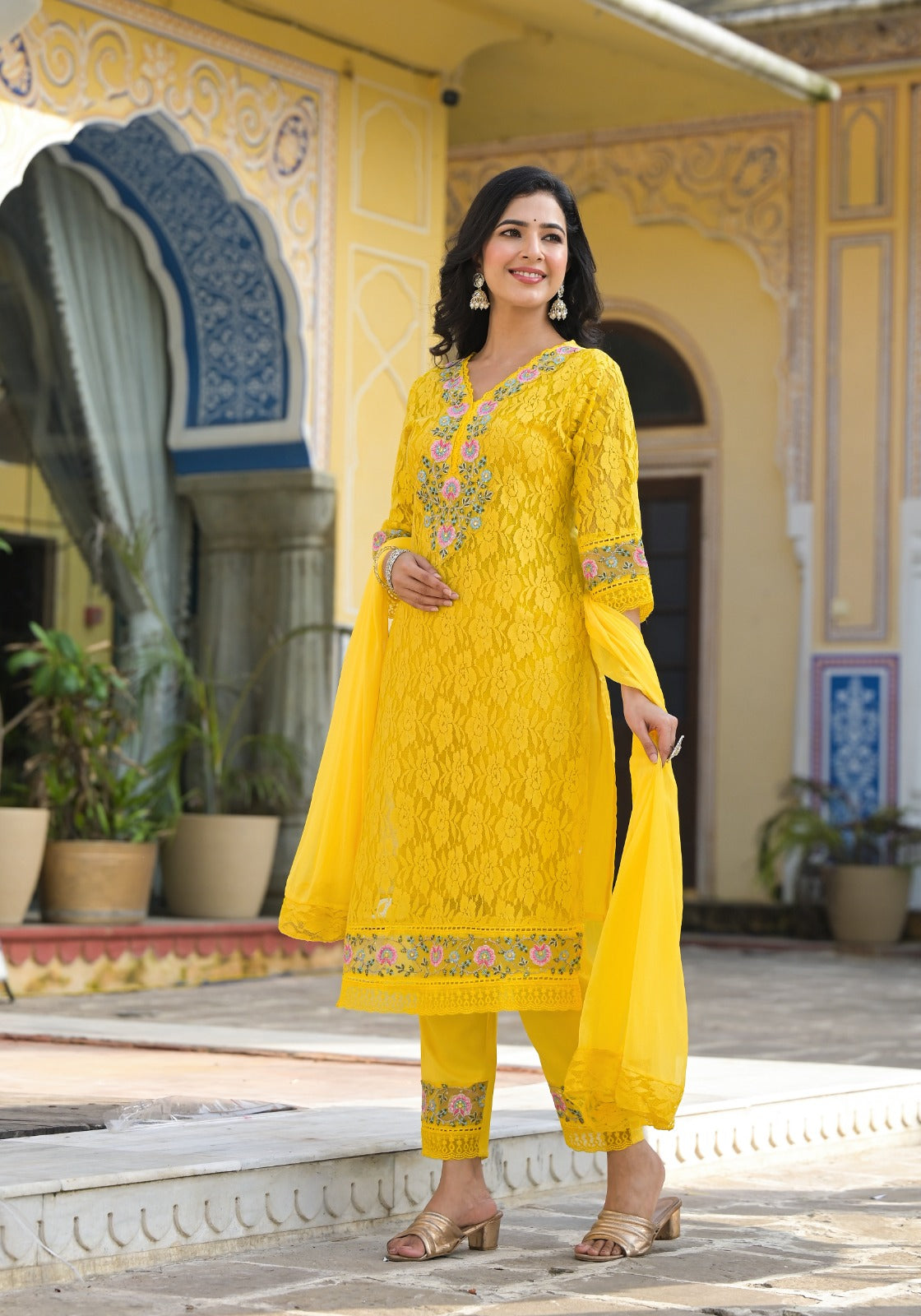 Pure Viscoce Organza Applique and LaceBorder Work 3pc Set Yellow Color