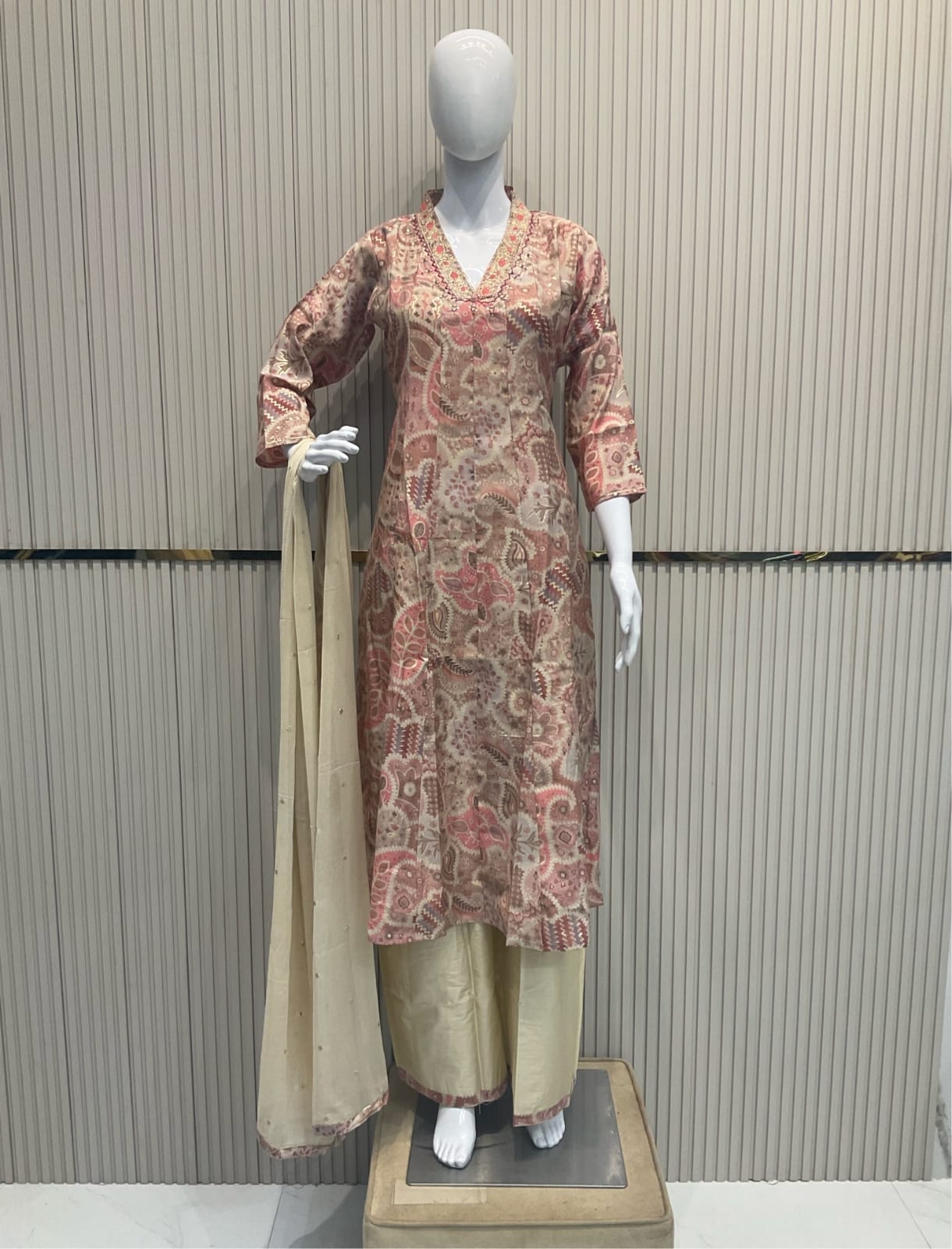 Pure Chanderi Silk Real Mirror Work Digital Print 3pc Set Divider Plazzo Party Wear Nude Color