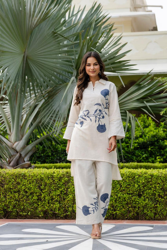 Pure Cotton Pintex Design Hi-low Pattern 2pc Set Off White Color