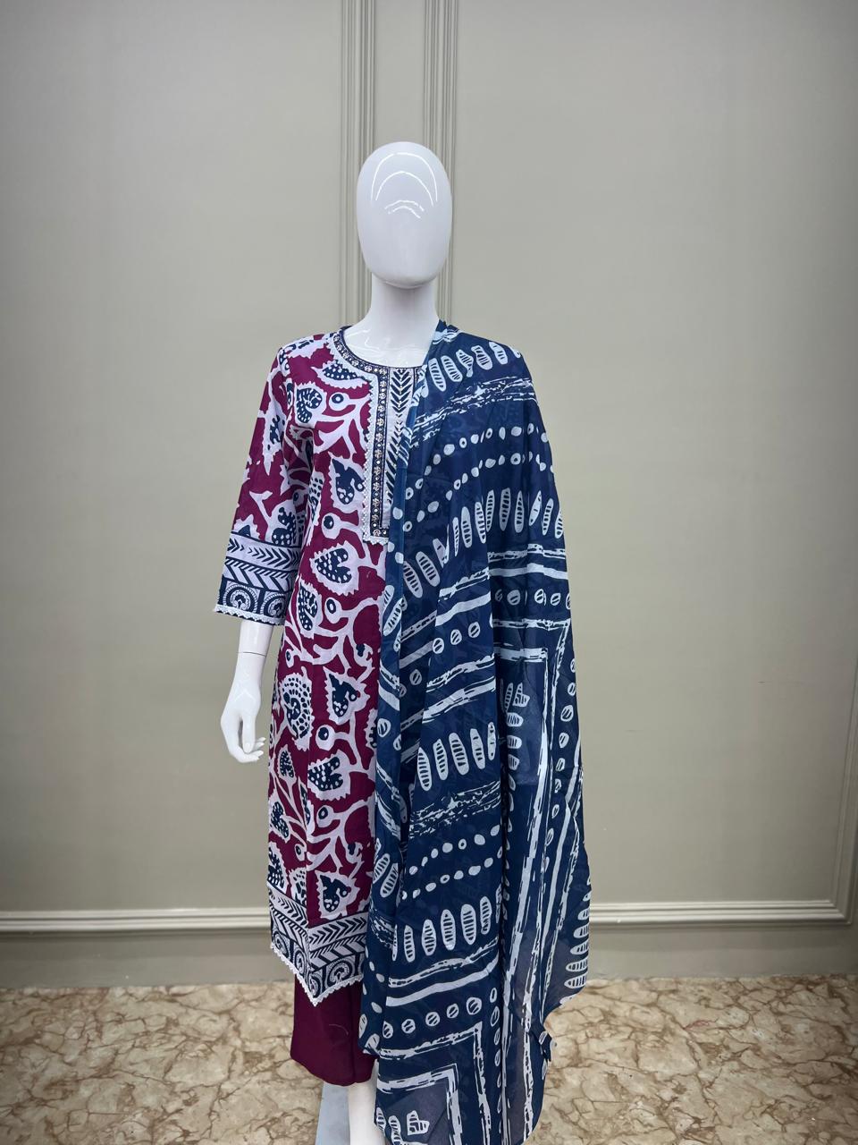 Pure Cotton Foil Mirror Work Digital Print Purple Color