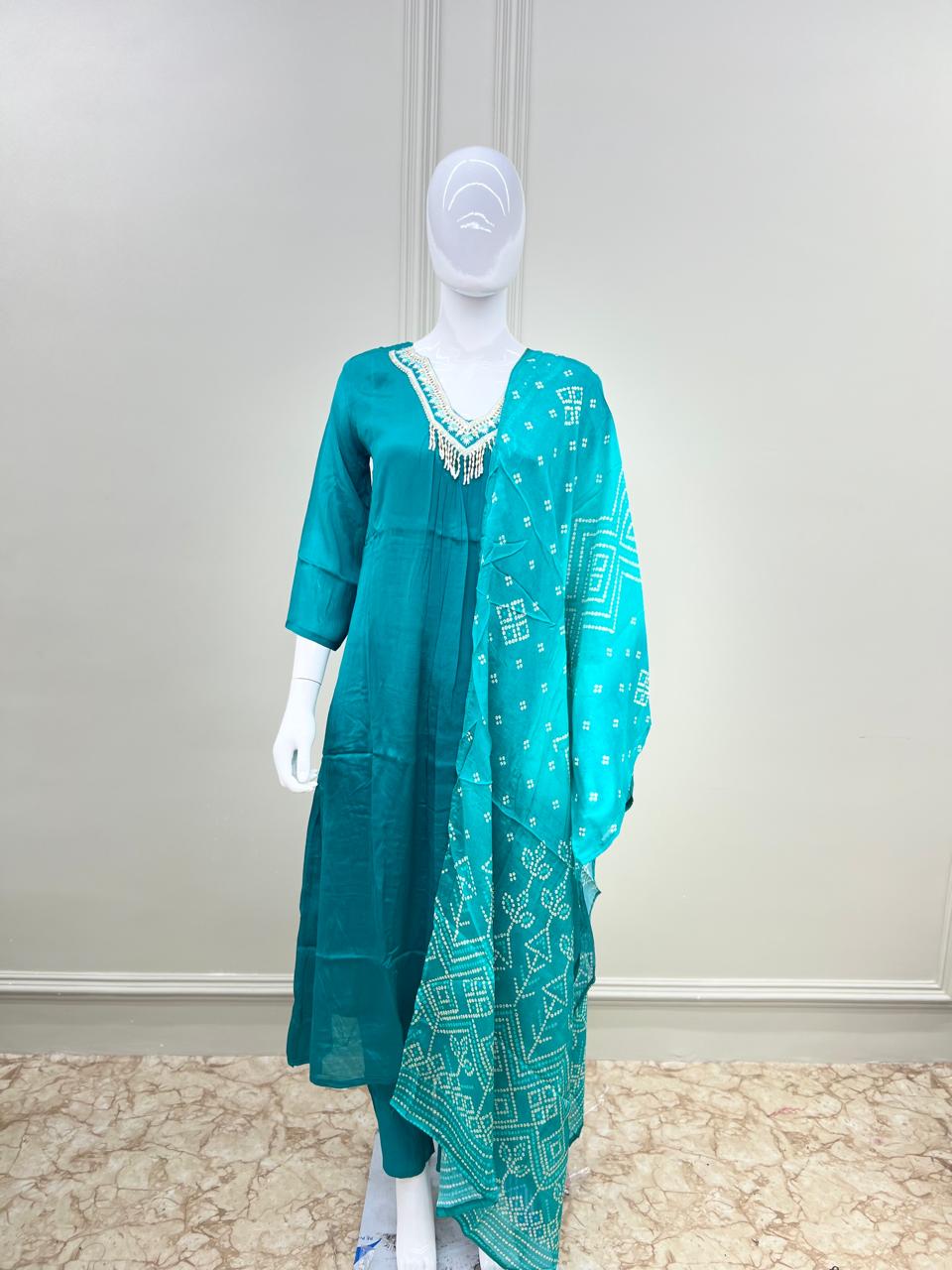 Party Wear Pure Chinon Handwork 3 Pc Suit Rama Green Color
