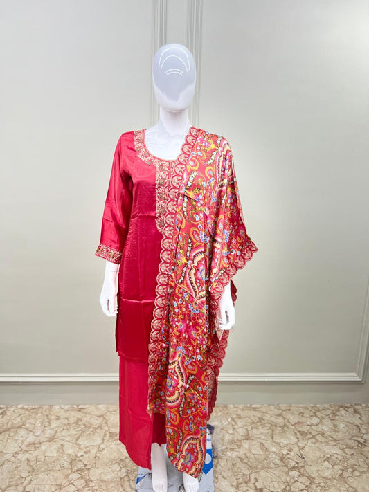 Satin Gajji Silk Pittan and Cutdana Work 3pc Set Red Color