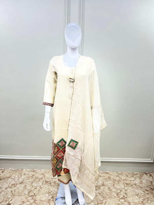 Pure Tissu Pechwai Work With all-over Jacquard Weaving 3 Pc suit Ivory Color