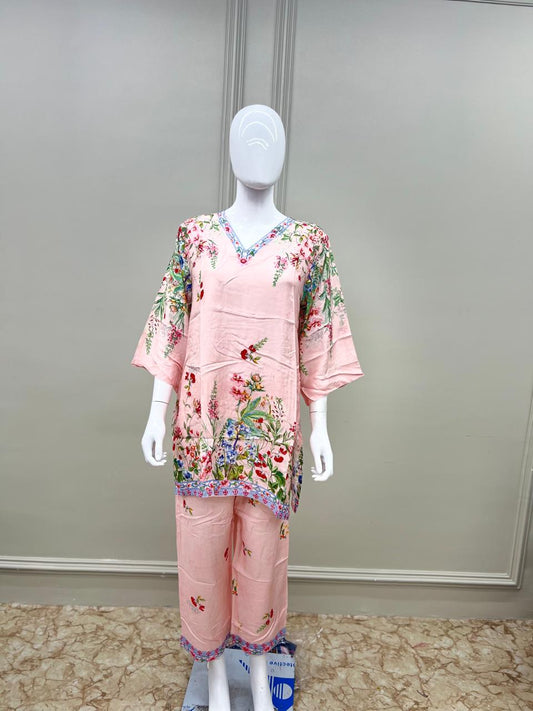 Pure Butter Muslin Floral print Cordset Light Pink Color