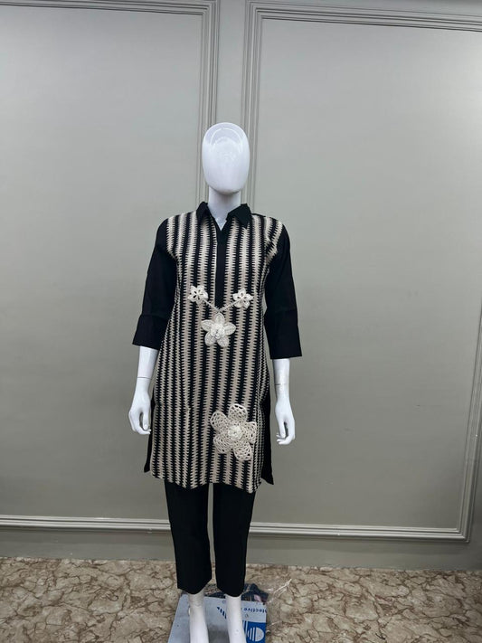 Pure Cotton Applique Work 2pc Cordset Black Color