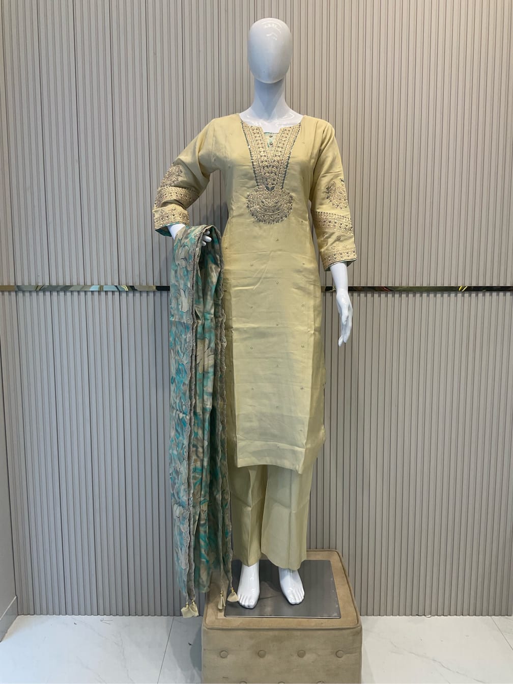 Modal Chanderi Thread Detailing Work 3pc Set Cream Color