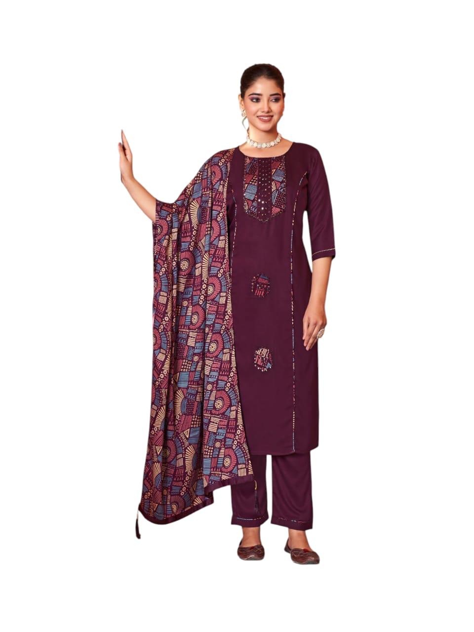 Pure Gaji Silk Real Mirror Work 3pc Set  Wine Color