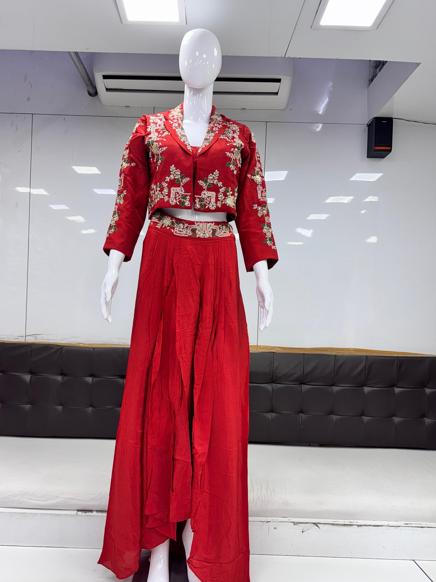 Pure Crep Party Wear With Jacket Pearl Handwork Cowl Skirt Orange Color