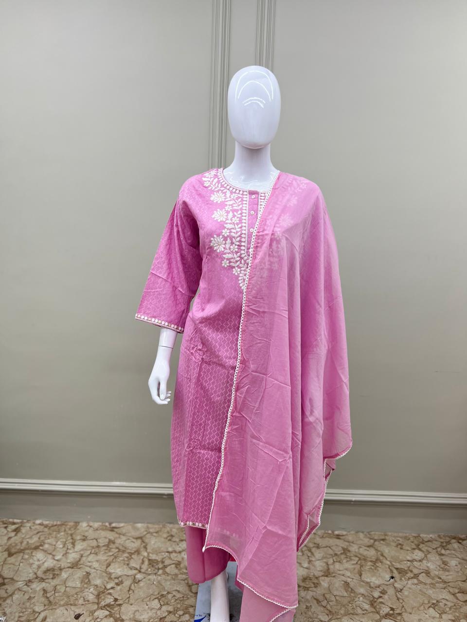 Pure Doby Cotton Thread Work 3pc Set Big Size Pink Color