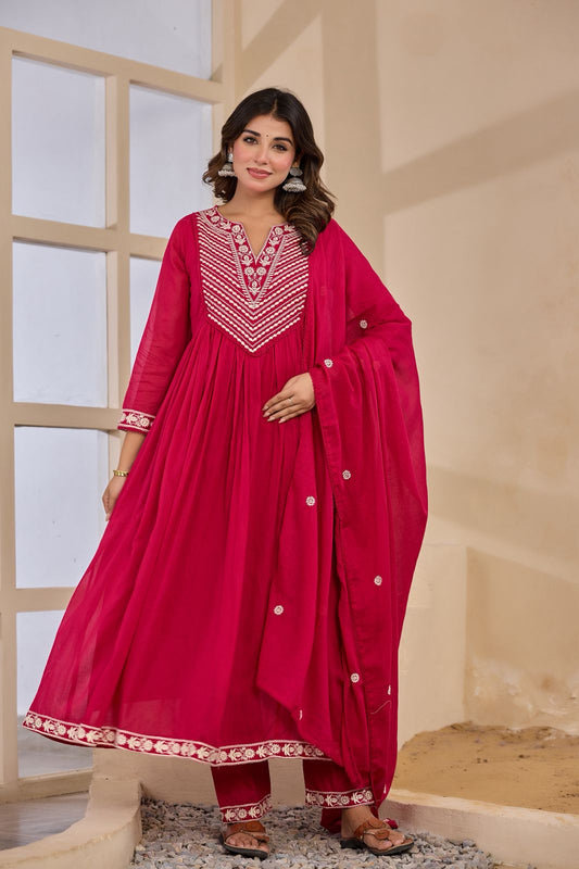 Pure Mull Cotton Anarkali Border Lace Work 3pc Set Magenta Pink Color