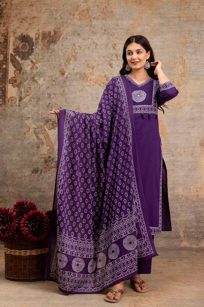 Pure Jaipuri Cotton Bandhej Print 3pc Set Purple Color