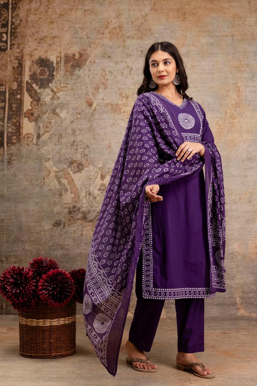 Pure Jaipuri Cotton Bandhej Print 3pc Set Purple Color