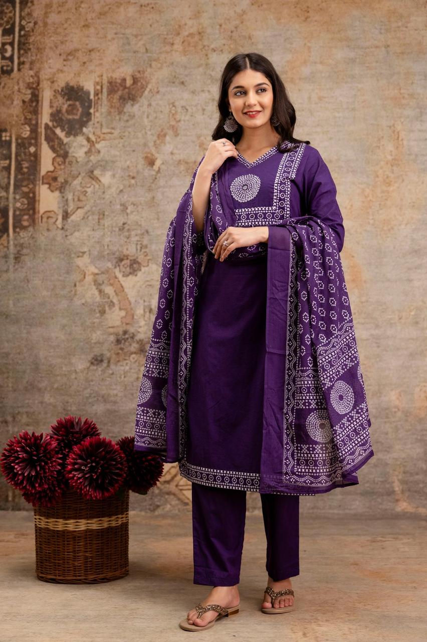 Pure Jaipuri Cotton Bandhej Print 3pc Set Purple Color