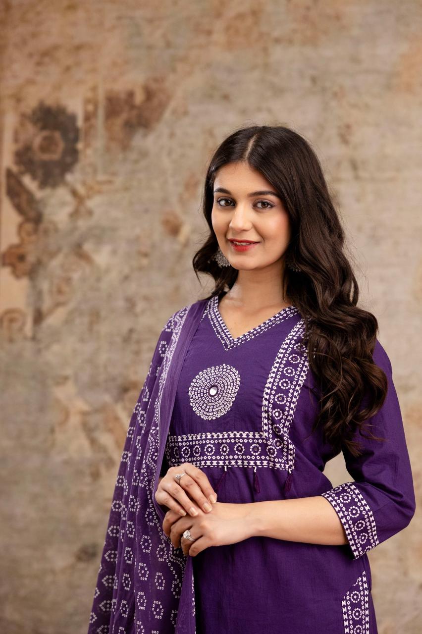 Pure Jaipuri Cotton Bandhej Print 3pc Set Purple Color