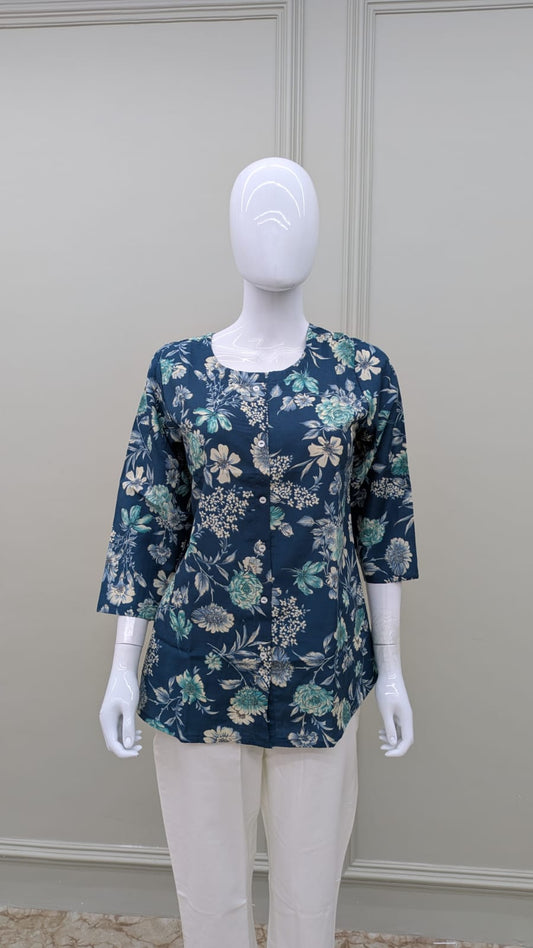 Pure Cotton Floral Print Short Top Teal Blue Color