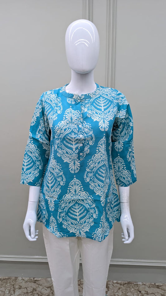 Pure Cotton Floral Print Short Top Firozi Color