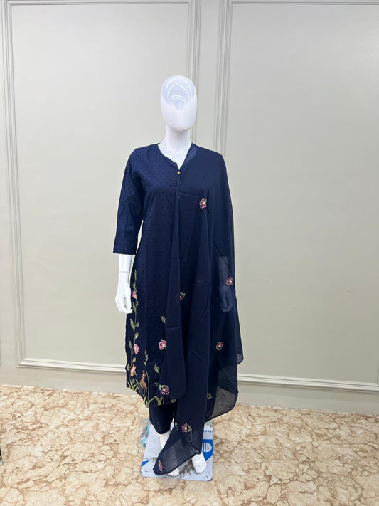 Pure Mull Doby cotton 3 pc set- navy blue color