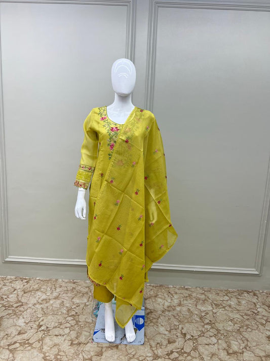 Premium Kota doria 3 Pc suit With Thread Embroidery mustard green color