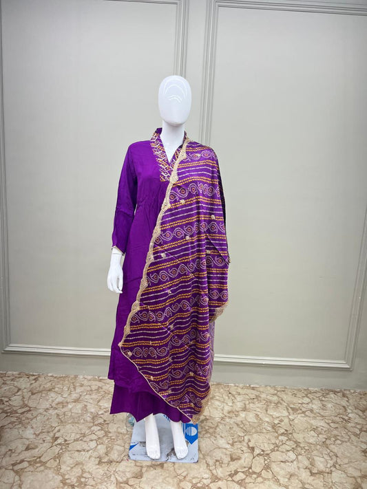 Pure Natural Crepe 3 pc set with Gaji lagdipatta Duppata- purple color