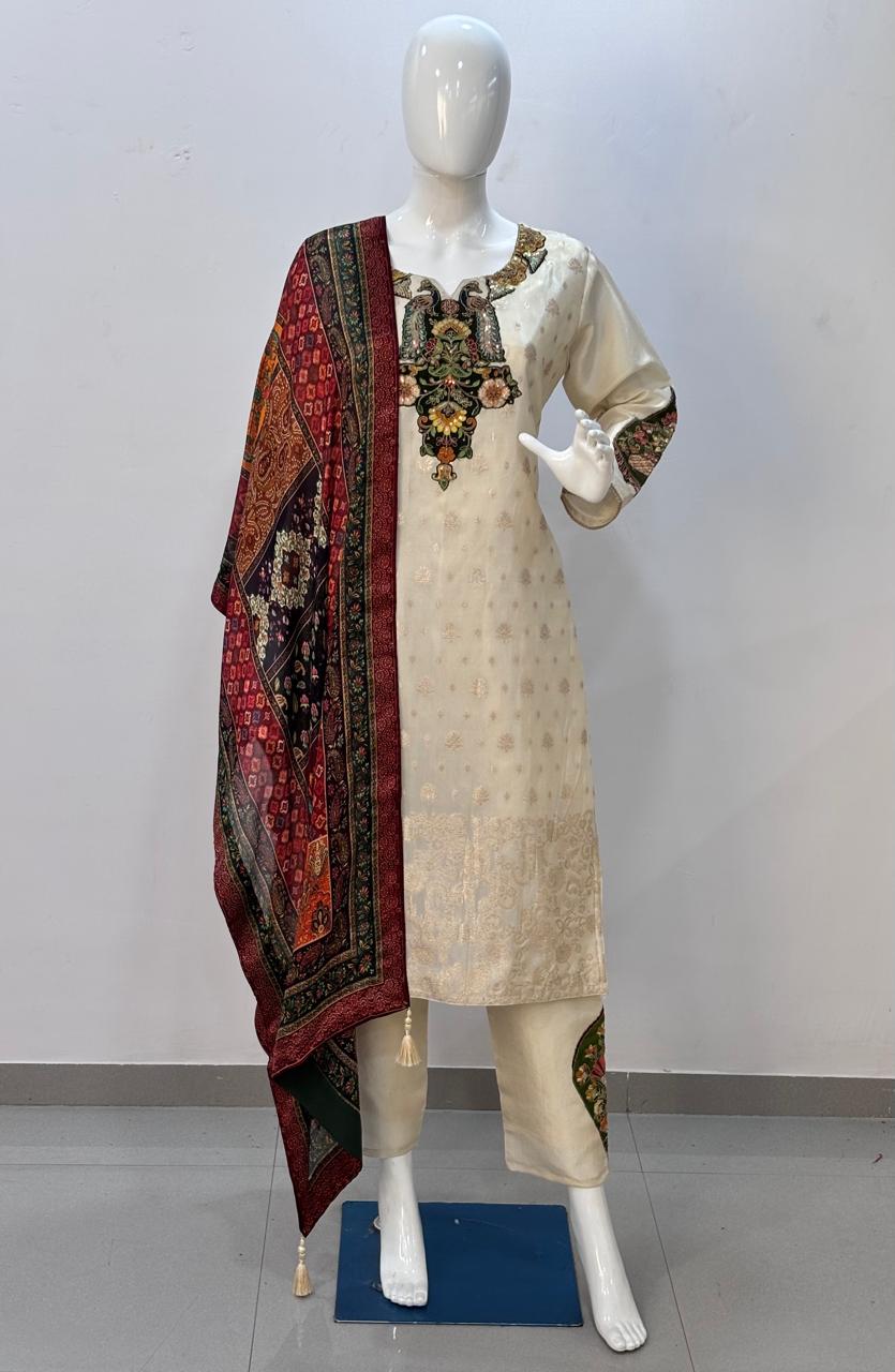 Pure Tissu Pechwai Work With all-over Jacquard Weaving 3 Pc suit Ivory Color