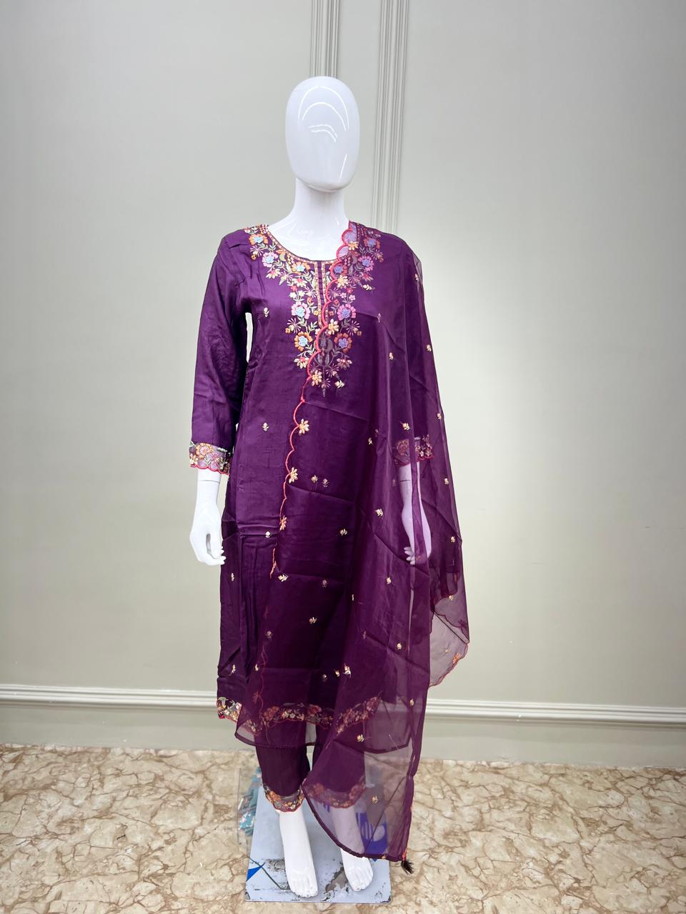 Pure Dola Silk Thread Work 3pc Set Dark Purple Color