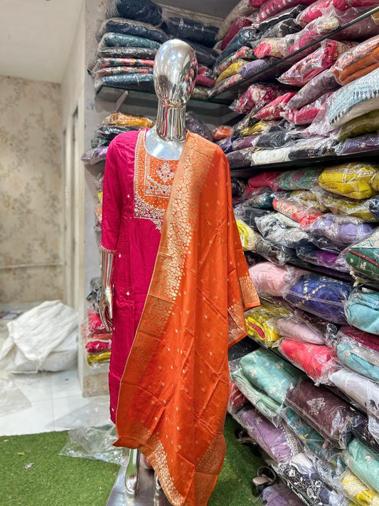 Pure Dola Silk Heavy Pearl Handwork Party Wear 3pc Set Rani Pink Color